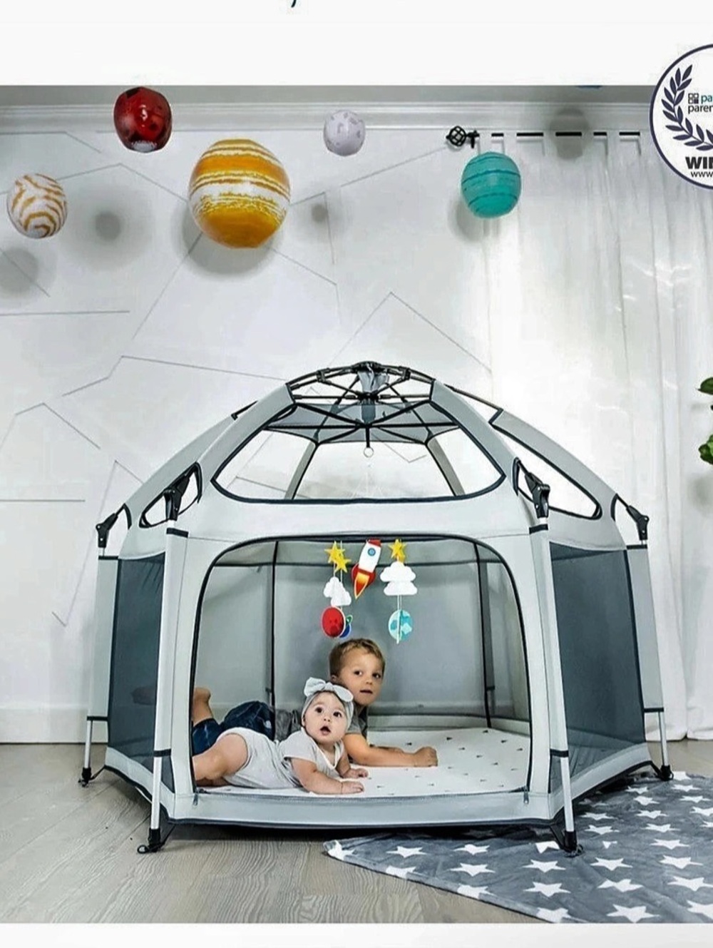 The California Beach Co. Pop 'N Go Playpen. Gray & White